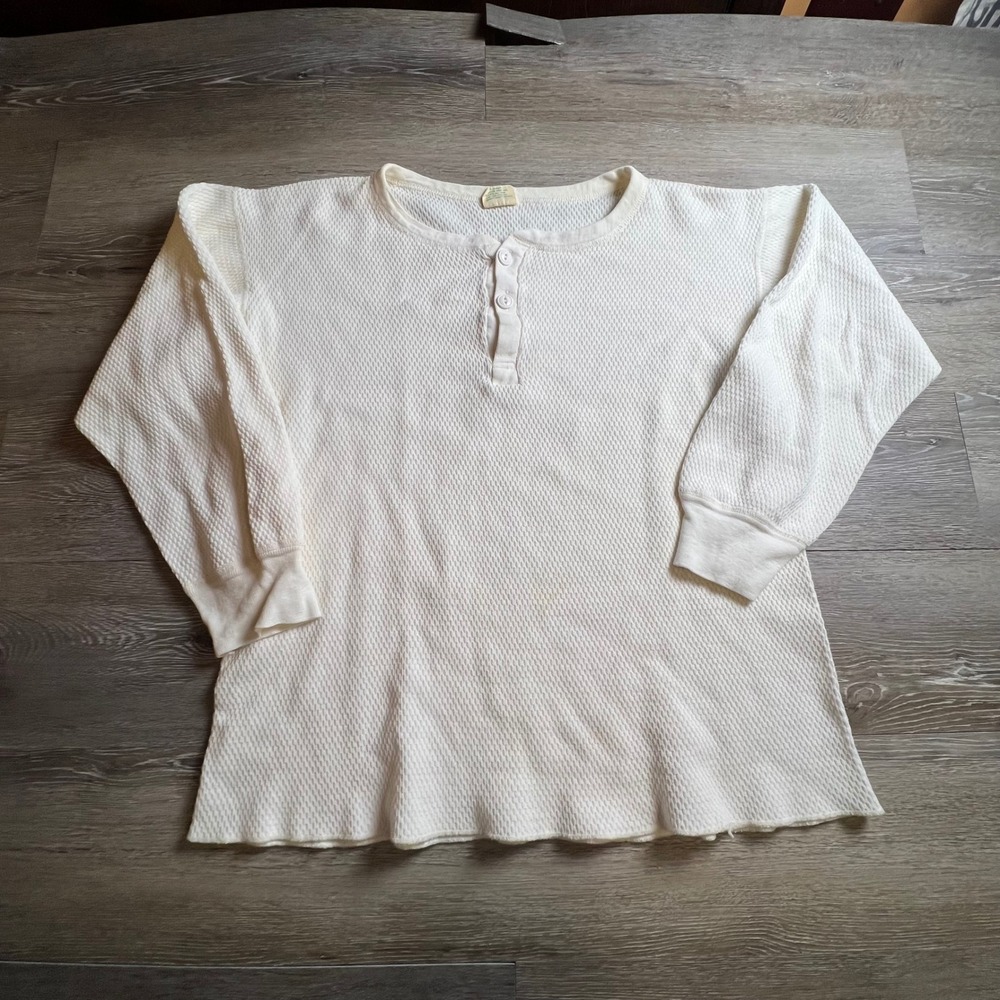 St. Johns Bay Henley Mens L Cream Waffle Knit Cotton Thermal Long Sleeve Shirt